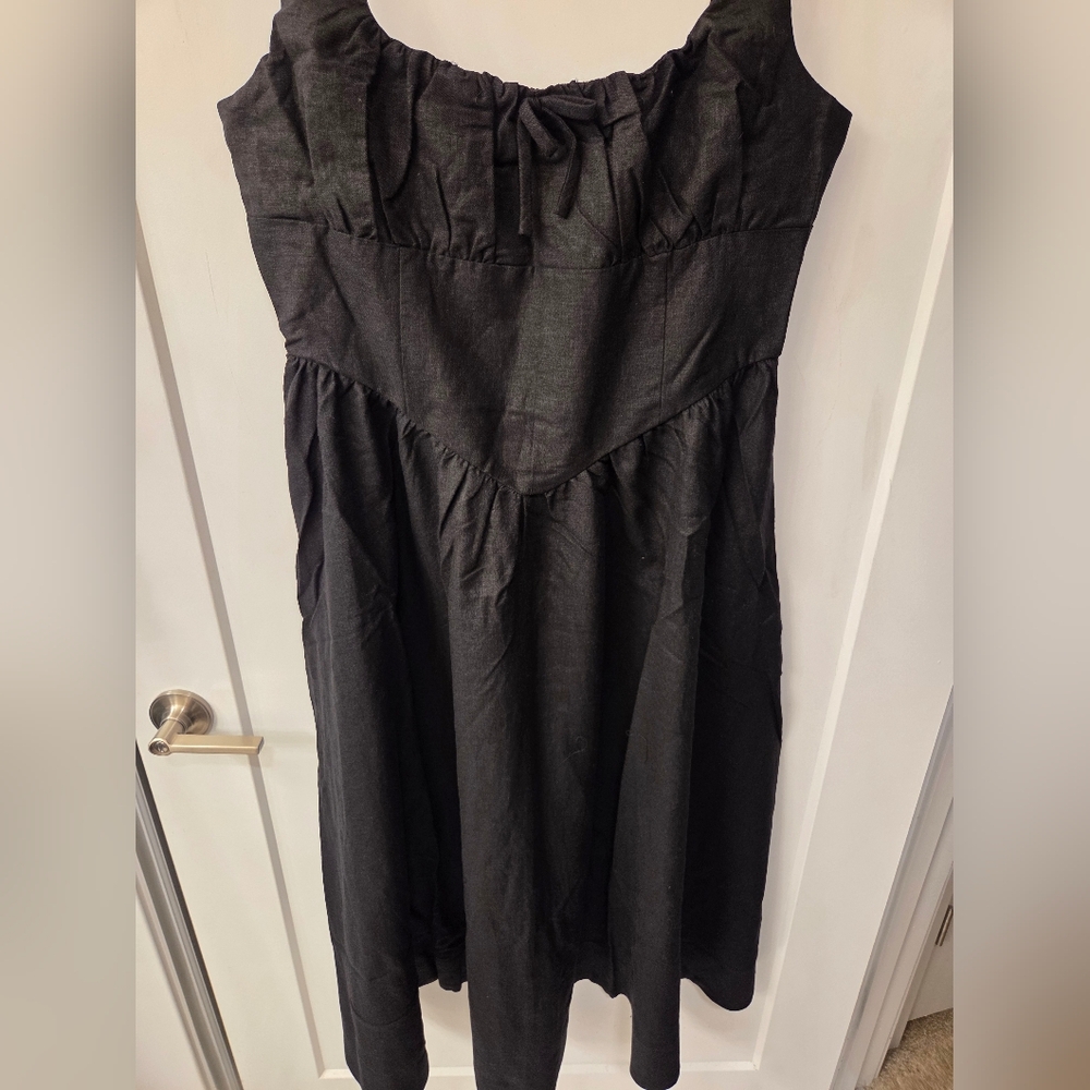 NWT - Maison D'Amelie Linen Blend Corset Detailed Smock Back Black Maxi Dress-L - Picture 4 of 14